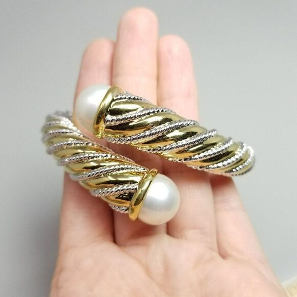 Vintage Hinged Crossover Bracelet Gold Tone Silver Tone Spiral Faux Pear Ends - Picture 9 of 9